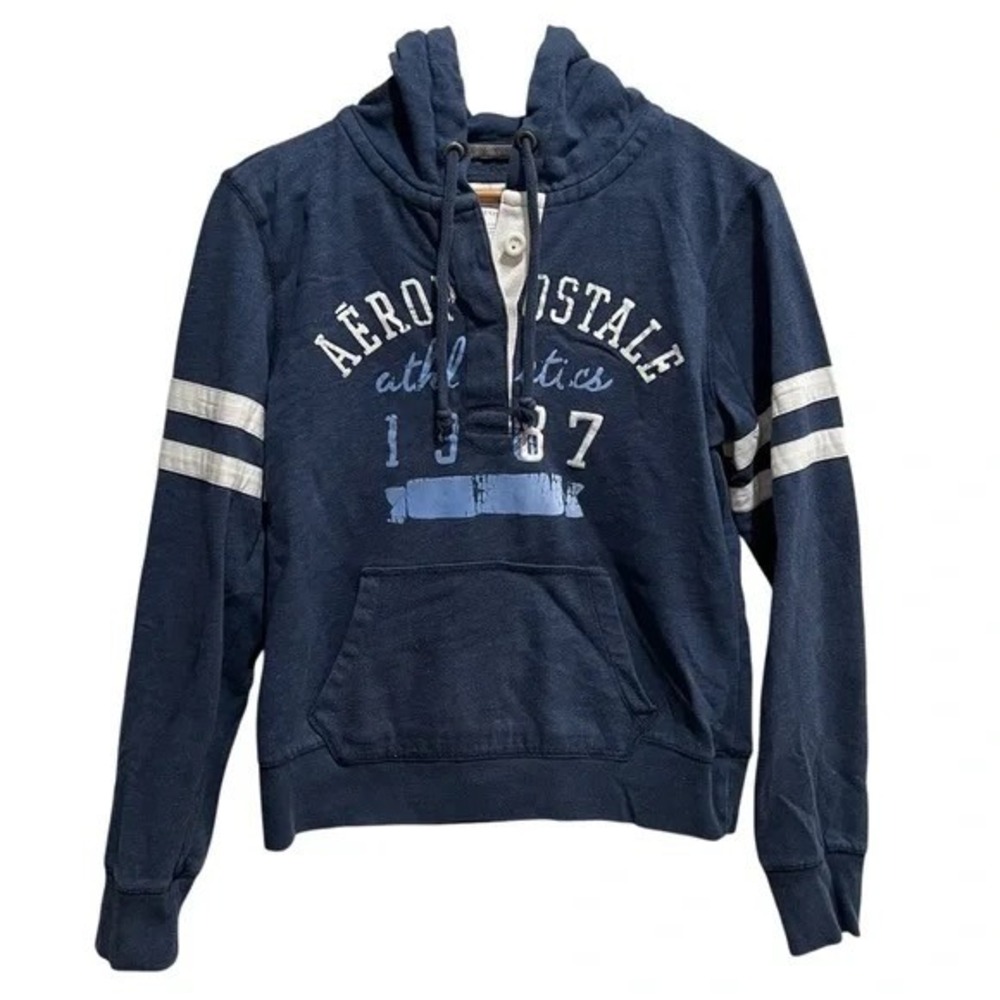 Aeropostale Athl Athletics‎ 1987 Hoodie Women's Large Blue White Stripe Pullover